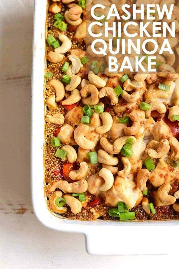 Cashew chicken quinoa bake in a casserole dish