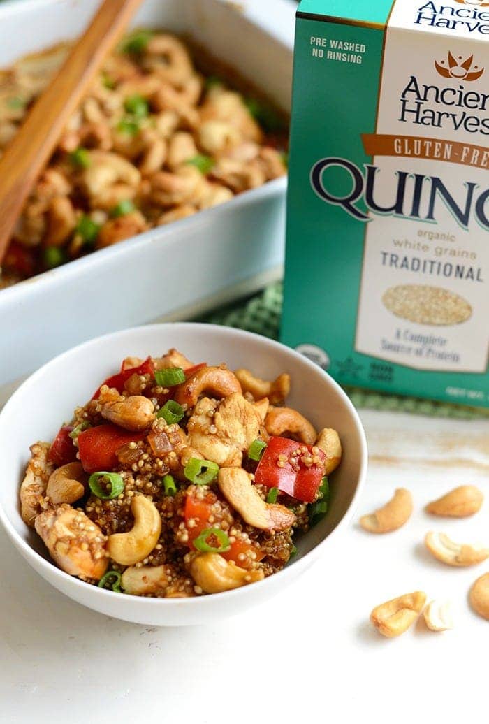 Make this Cashew Chicken Quinoa Bake for a high-protein, one-dish meal that the whole family will love! Meal prep at its finest. Cashew chicken casserole in a bowl