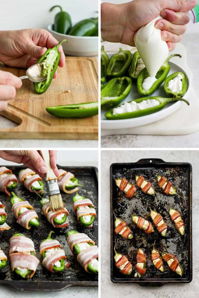 A collection of step-by-step photos demonstrating the process of preparing jalapeno poppers.