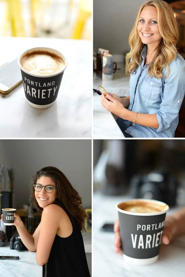 Four pictures of a woman holding a cup of coffee in Toronto.