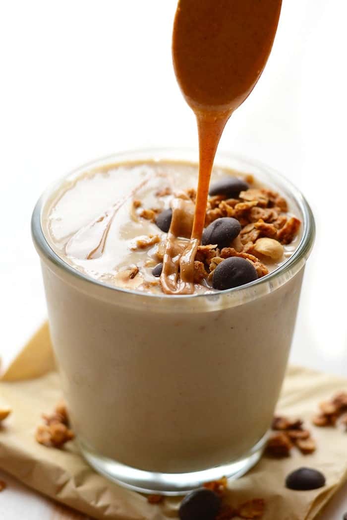 peanut butter cup granola in a smoothie