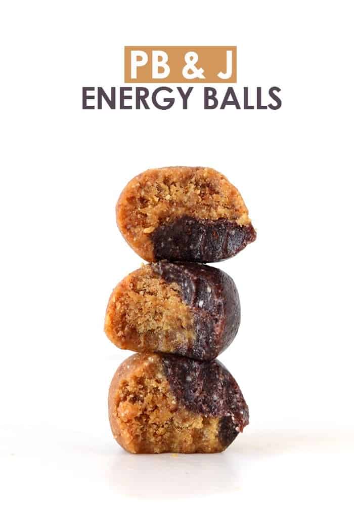 These no-bake peanut butter and jelly inspired energy balls are a healthy grab and go snack made with dried fruit and nuts!