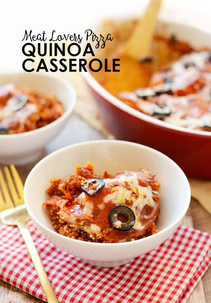 Meat Lovers Pizza Quinoa Casserole - This protein packed meal is made with all your favorite meat lovers pizza flavors and has a quinoa base for the most delicious and healthy casserole ever! 