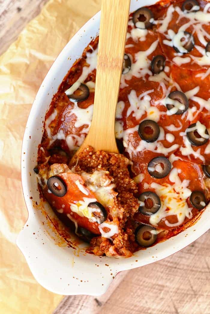 Meat Lovers Pizza Quinoa Casserole - This protein packed meal is made with all your favorite meat lovers pizza flavors and has a quinoa base for the most delicious and healthy casserole ever! 