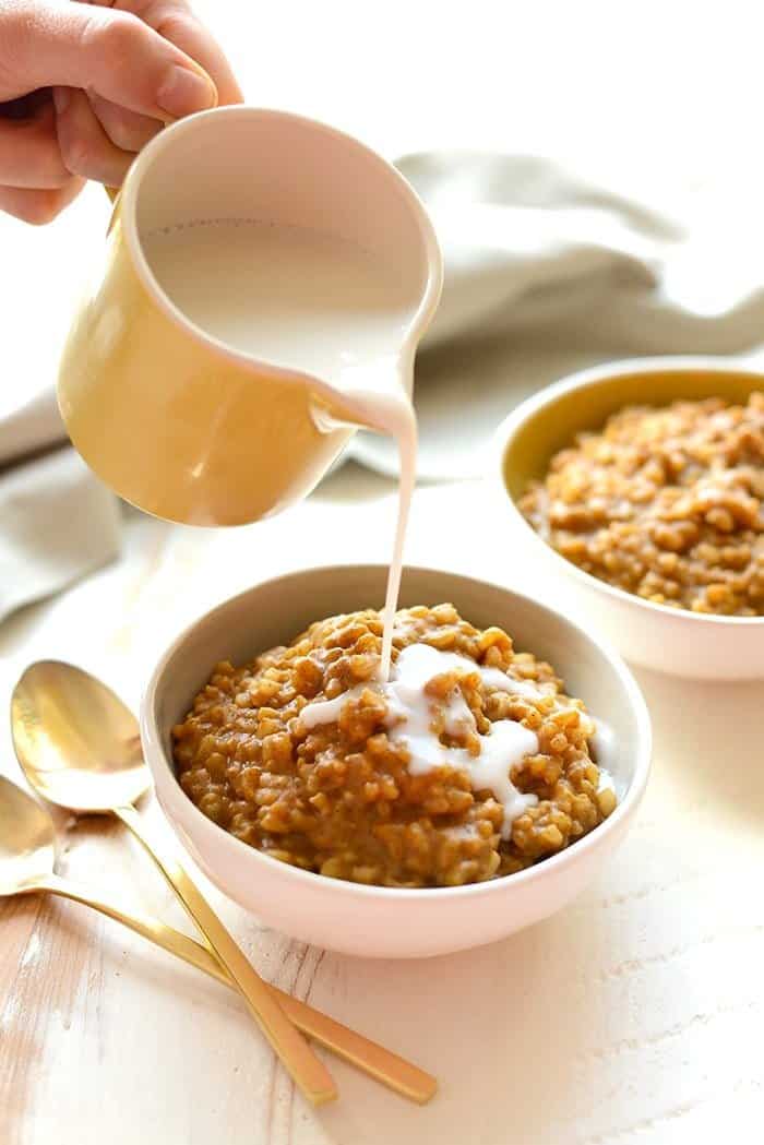 This pumpkin spice rice pudding is so healthy you could eat it for breakfast! It's made with short grain brown rice, almond milk, and organic pumpkin! 