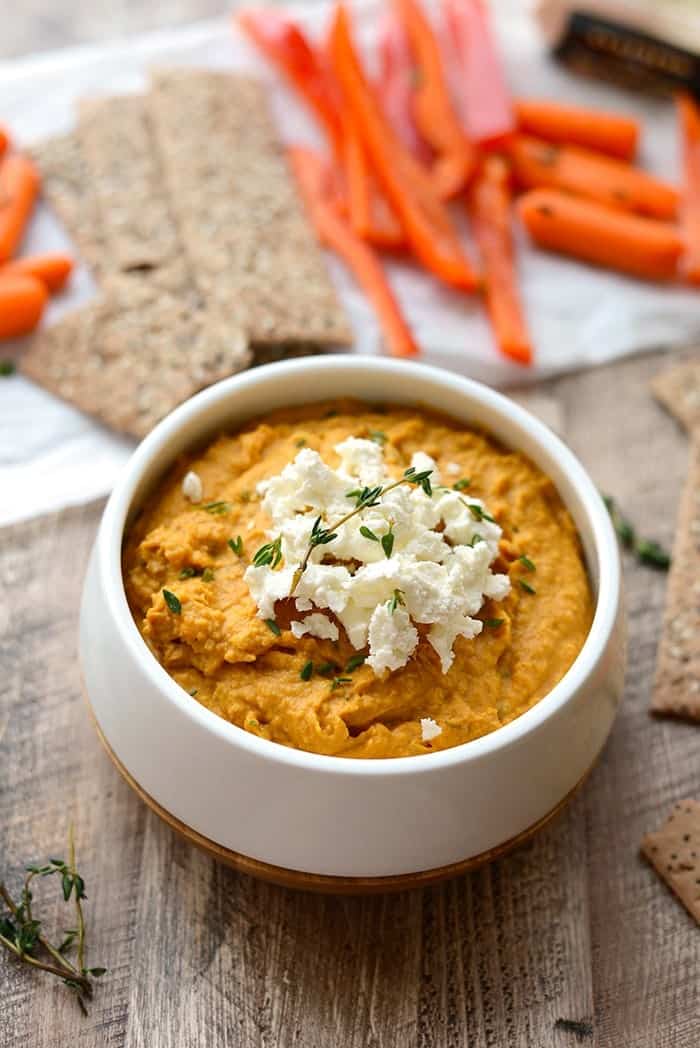 homemade sweet potato hummus in white bowl