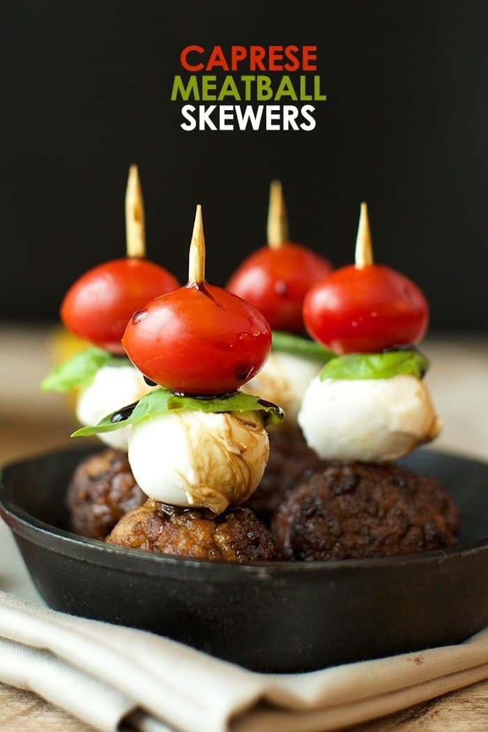 These Caprese Meatball Skewers are the ultimate party appetizer made with balsamic meatballs, fresh mozzarella, basil, and a cherry tomato!