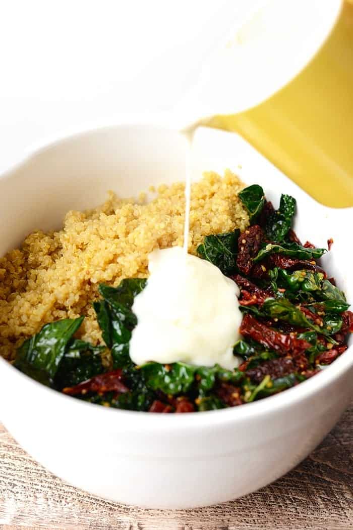 Love Mac n' Cheese? Amp up the nutrition and flavor in your homemade mac by using quinoa (so much protein!), sun dried tomatoes, and kale!