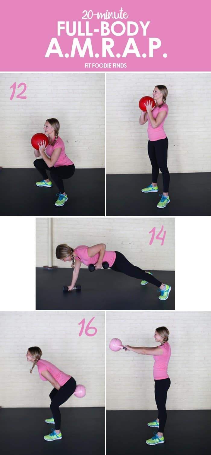 Go all out for 20-minutes and do this full-body AMRAP: 3 moves, 20 reps, as many rounds as possible! 