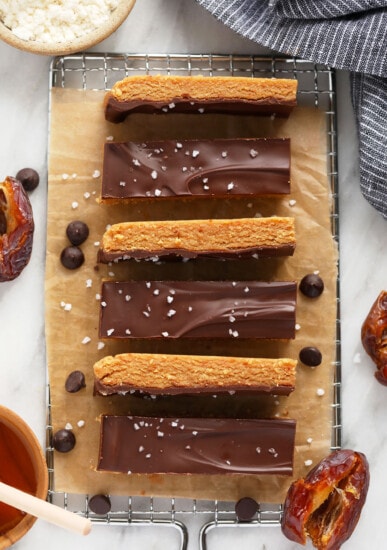 Chocolate peanut butter protein bars on a baking sheet.