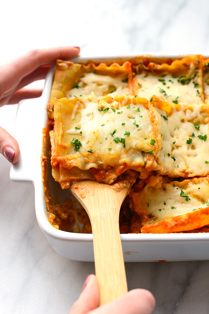 sweet potato lasagna on a serving spoon