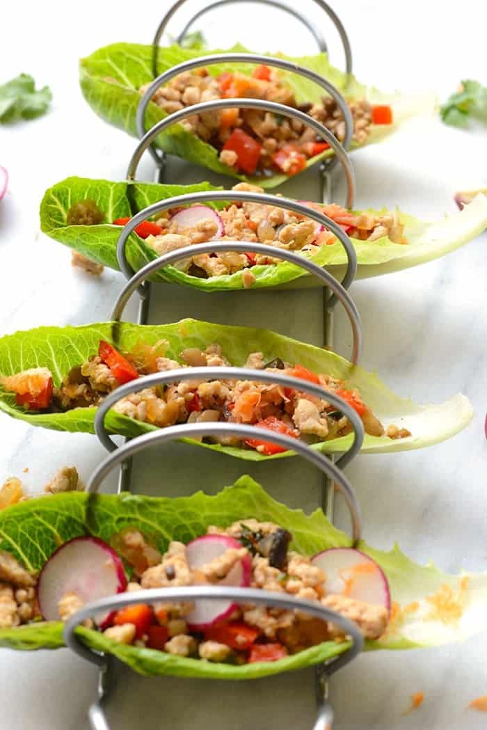 thai chicken lettuce wraps in taco holder