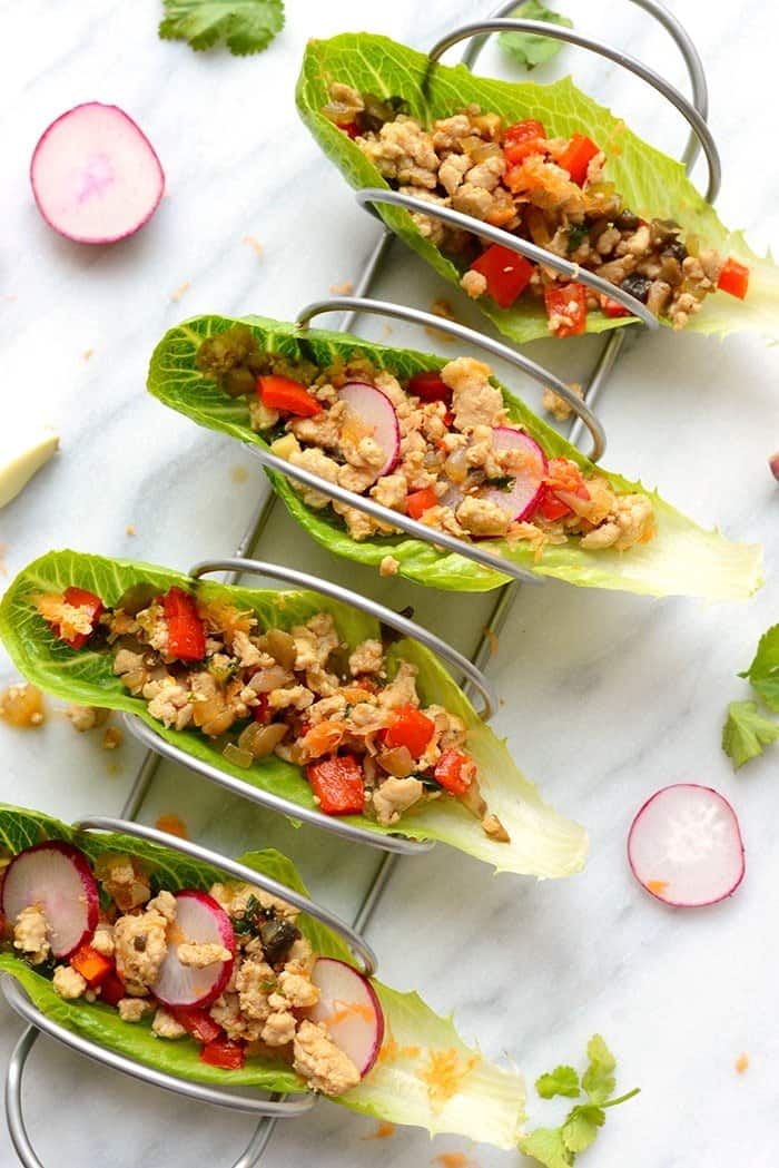 top view of thai chicken lettuce wraps in taco holder