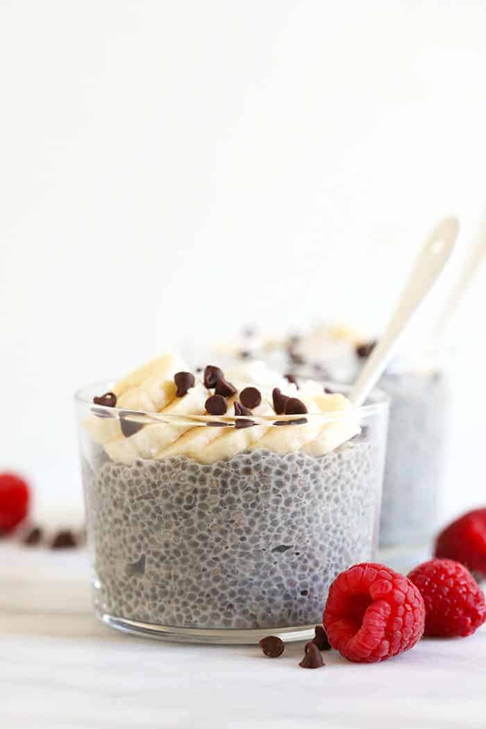 chia seed pudding in a bowl topped with banana slices