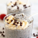 A chia seed pudding recipe topped with chocolate chips and raspberries.