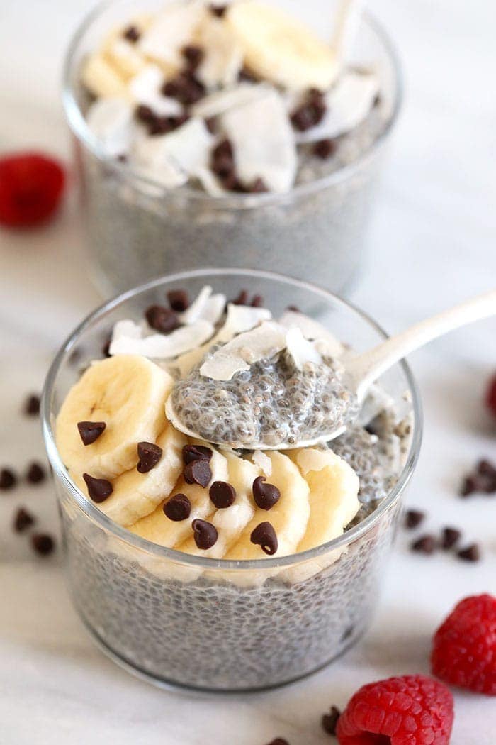 chia seed pudding topped with banana slices