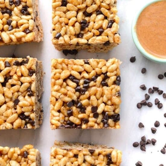 Brown Rice Crispy Treats with peanut butter and chocolate chips.