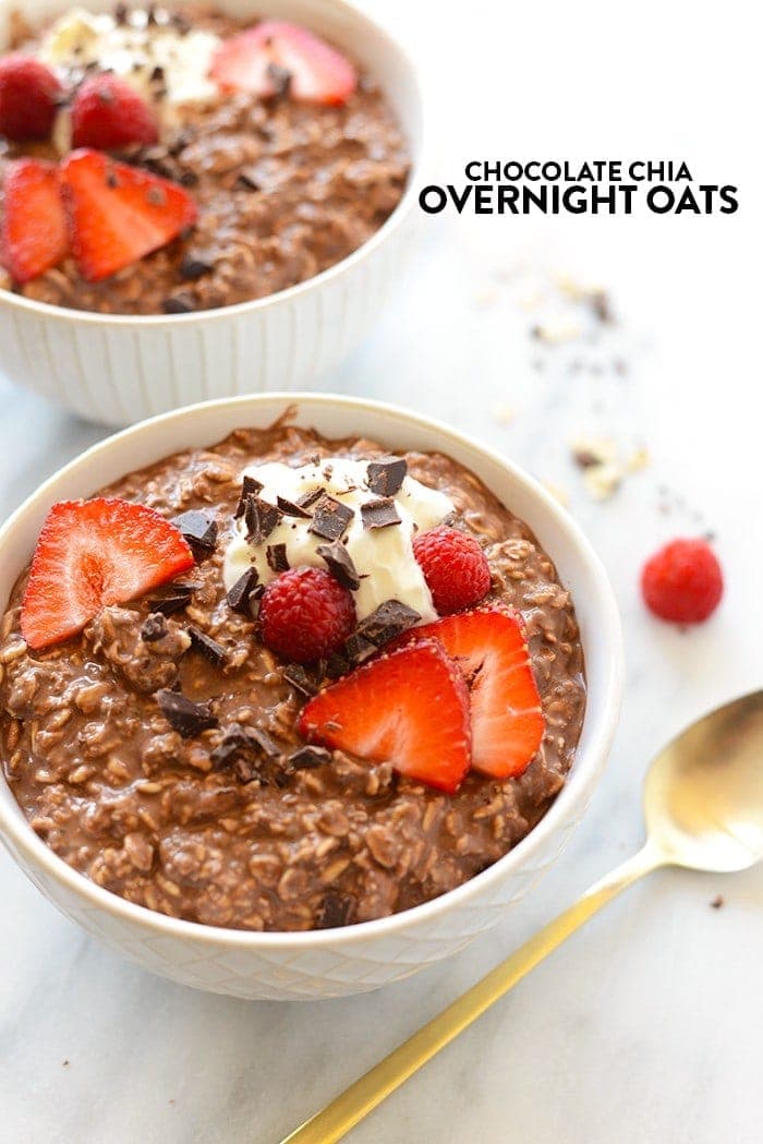 chocolate chia overnight oats in a bowl