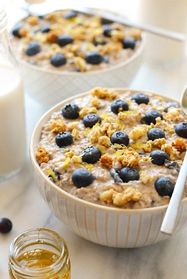 Blueberry oatmeal with honey.