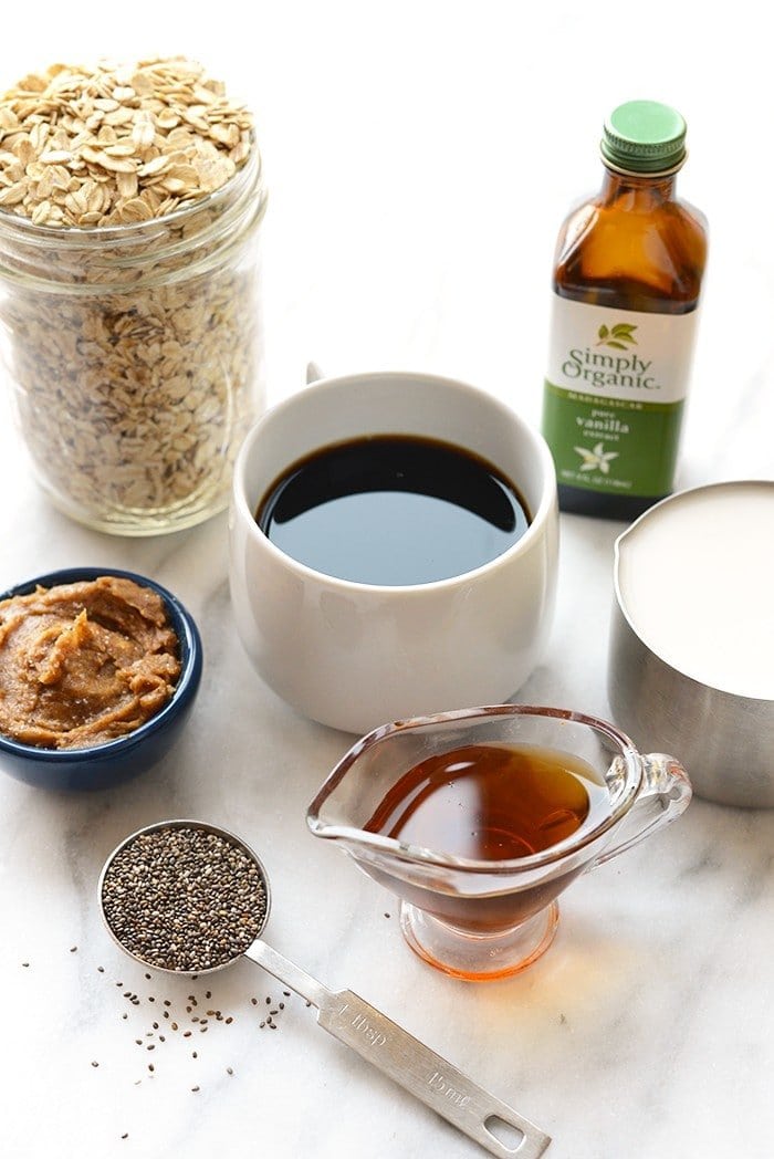 Espresso Overnight Oats with Salted Date Caramel - Soak your oats in brewed coffee overnight and top them with salted date caramel for a yummy treat in the morning. 