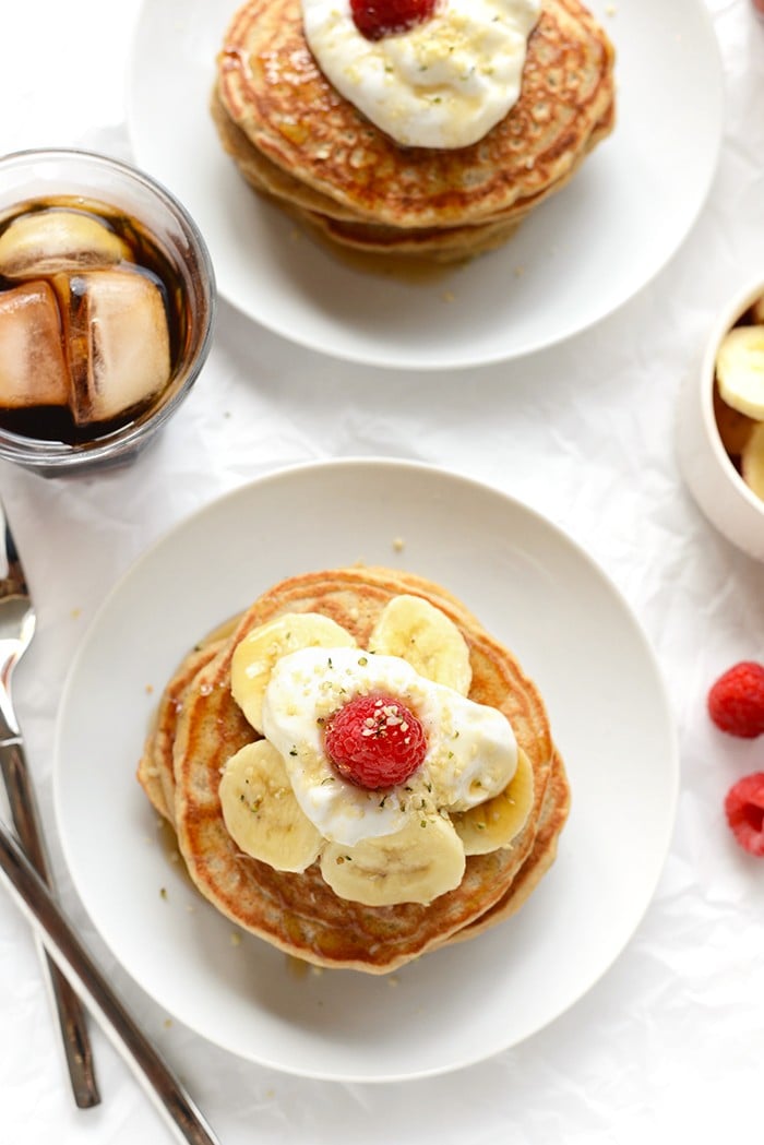 Start your morning with a stack of 100% whole-grain, no sugar-added banana pancakes made with real ingredients. Don’t forget to top them with fresh fruit and Greek yogurt! 