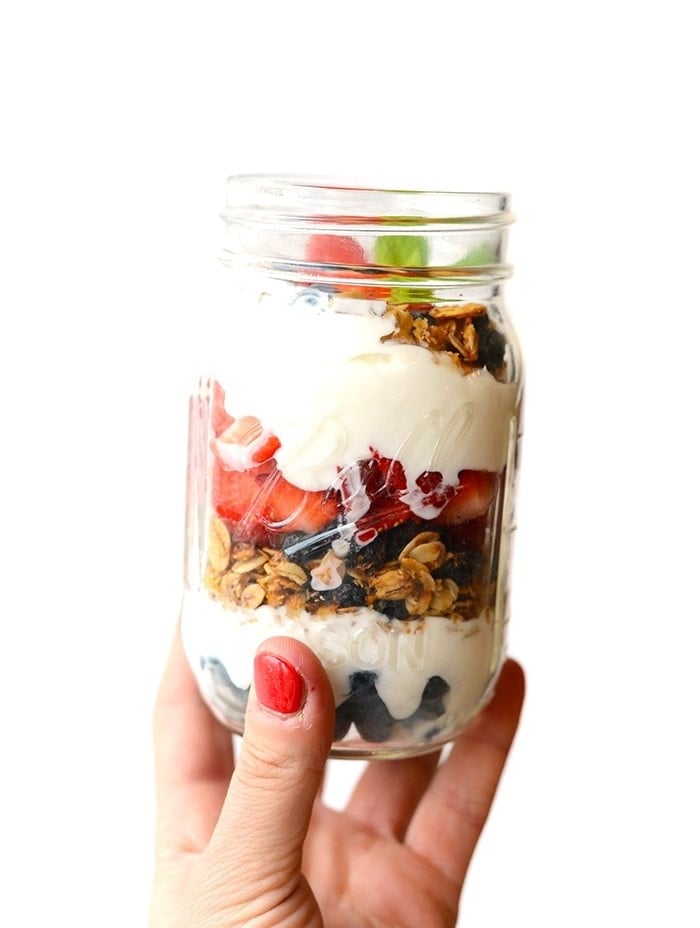  Layer up Greek yogurt, fresh berries, and your favorite homemade granola for the simplest mason jar parfait breakfast!