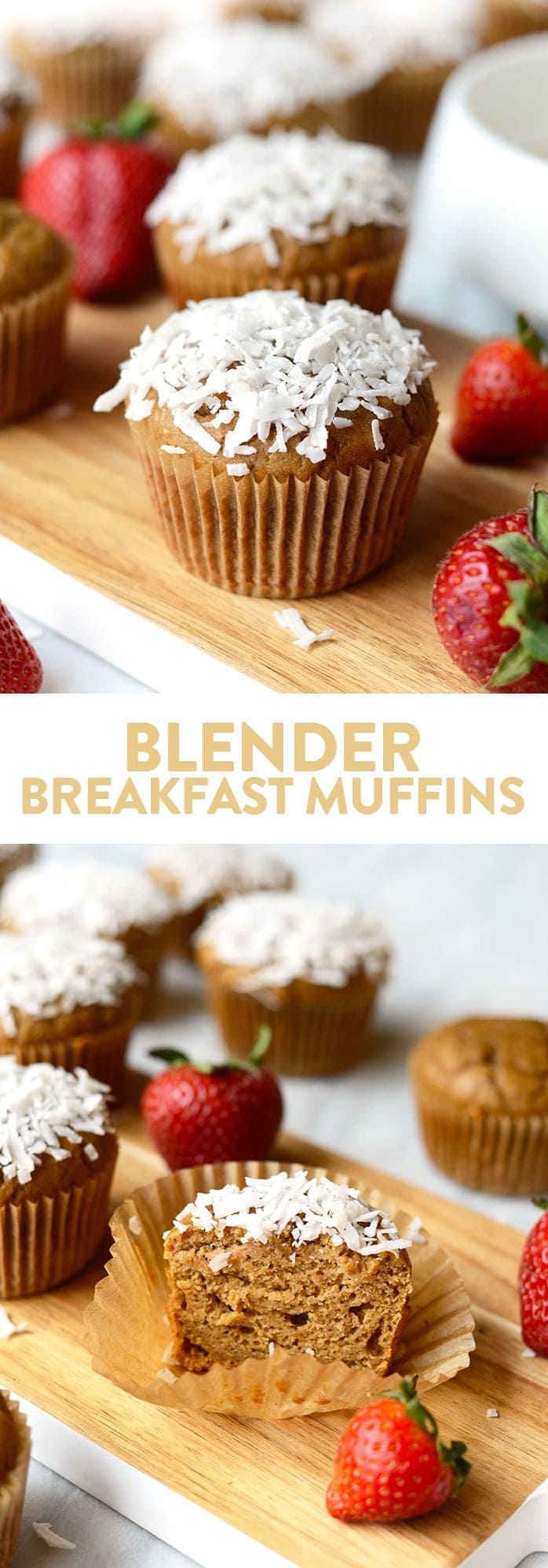 These delicious whole grain blender breakfast muffins are made with pureed strawberries and bananas and 100% white whole wheat flour for a healthy on-the-go breakfast. 
