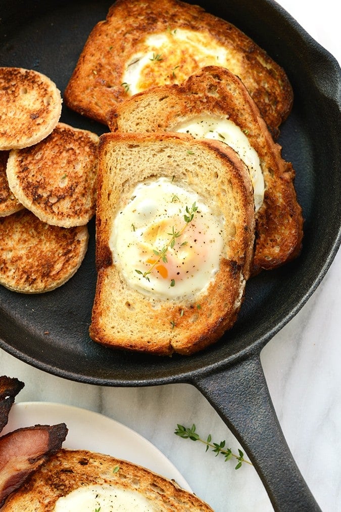 egg in a frame in cast iron pan
