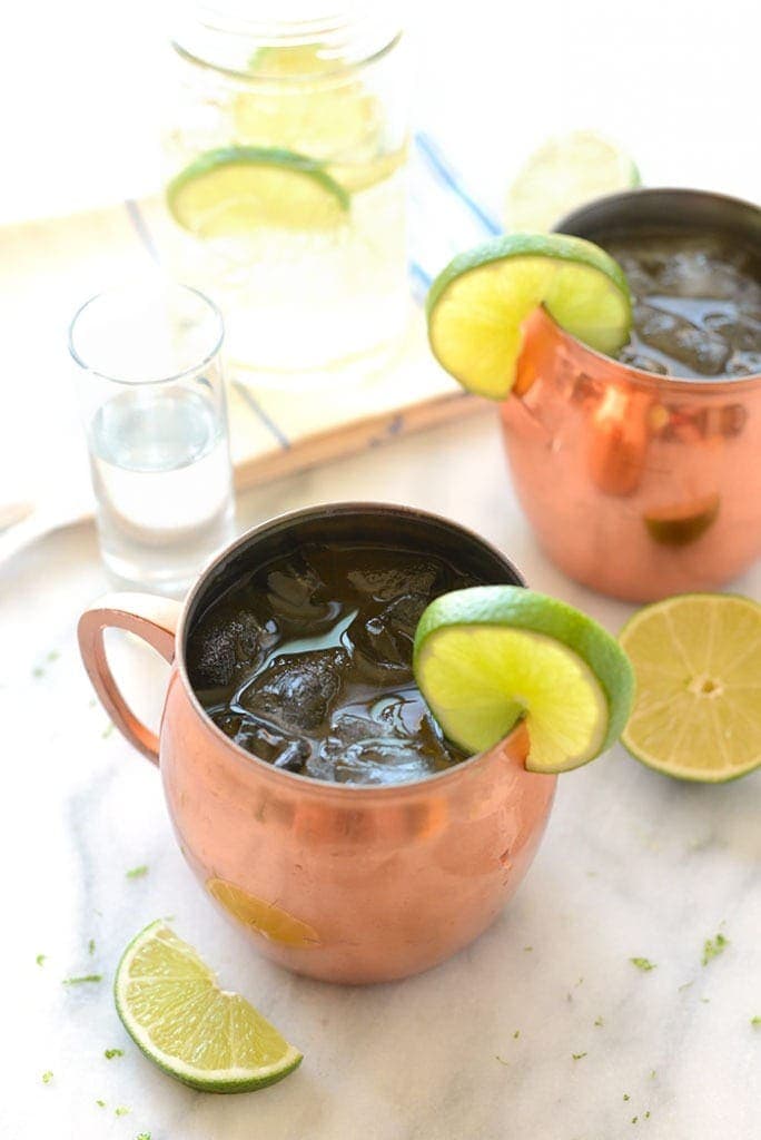 Moscow mule in copper mug with lime wedge