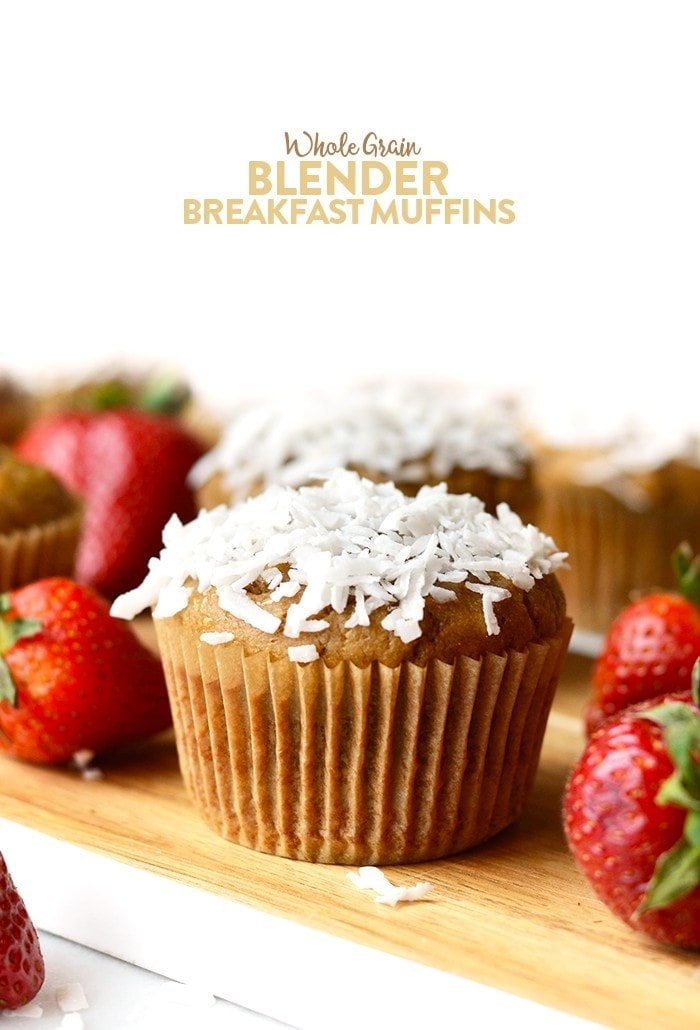 These delicious whole grain blender breakfast muffins are made with pureed strawberries and bananas and 100% white whole wheat flour for a healthy on-the-go breakfast.