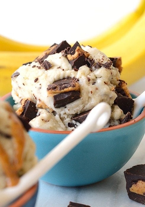 a bowl of banana soft serve with chocolate chips.