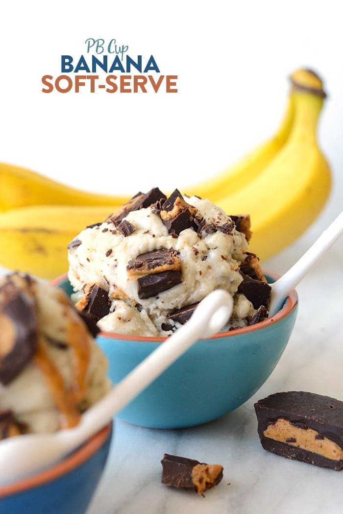 This peanut butter cup banana soft serve is a healthy way to satisfy your ice cream craving. All you need is homemade peanut butter cups and frozen bananas! 
