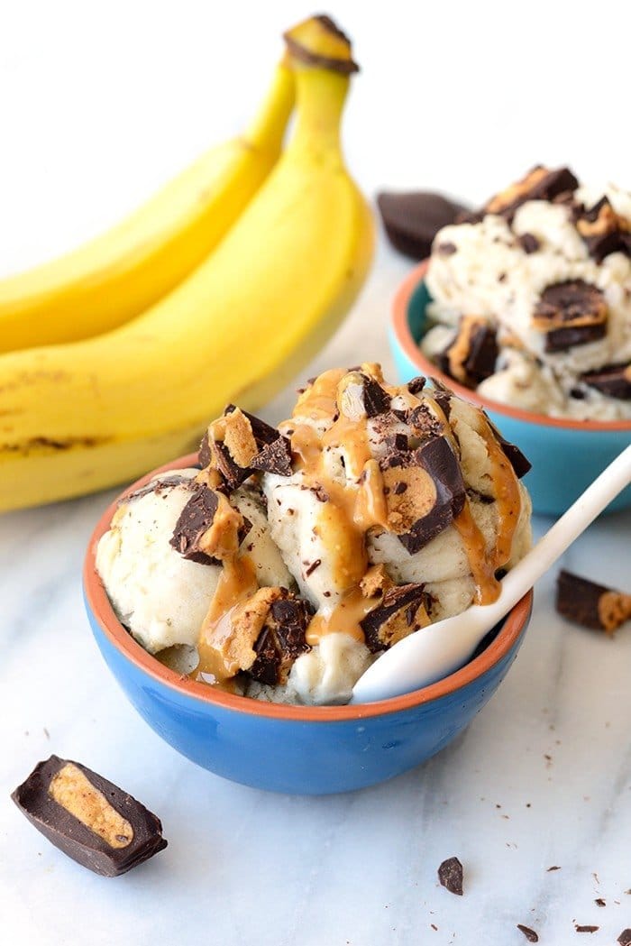 This peanut butter cup banana soft serve is a healthy way to satisfy your ice cream craving. All you need is homemade peanut butter cups and frozen bananas! 