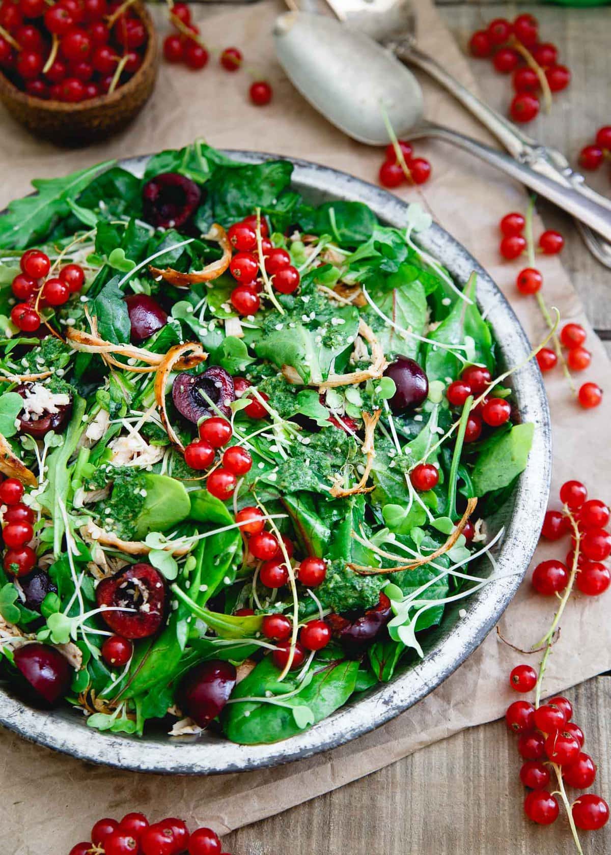 This baby kale chicken cherry salad highlights the best of summer fruit with easy shredded leftover chicken for a light and healthy meal.