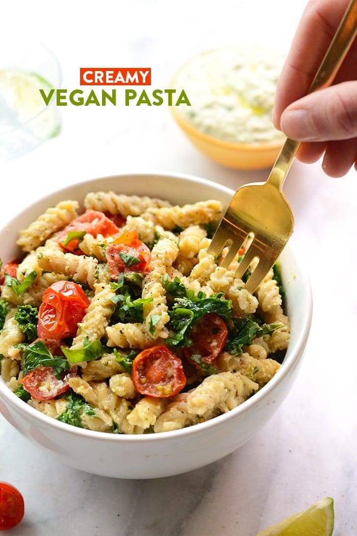 Looking to mix up your pasta dish? Make this delicious Creamy Vegan Pasta with Sautéed Kale, and Tomatoes.