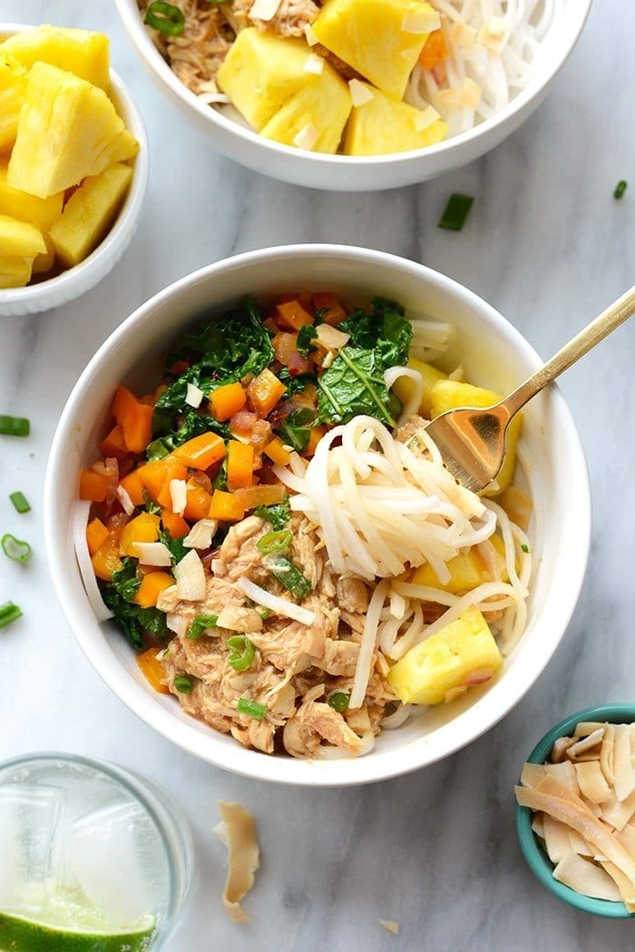 Get your meal prep on with these delicious Hawaiian Chicken Noodles Bowls made with shredded chicken, tons of veggies, and rice noodles!