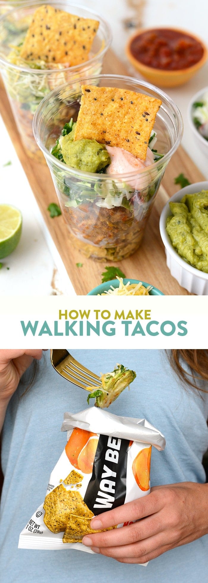 Up your walking taco game with my favorite Way Better Snacks, lean ground turkey taco meat, and a delicious kale slaw topped with all of your favorite fixings!