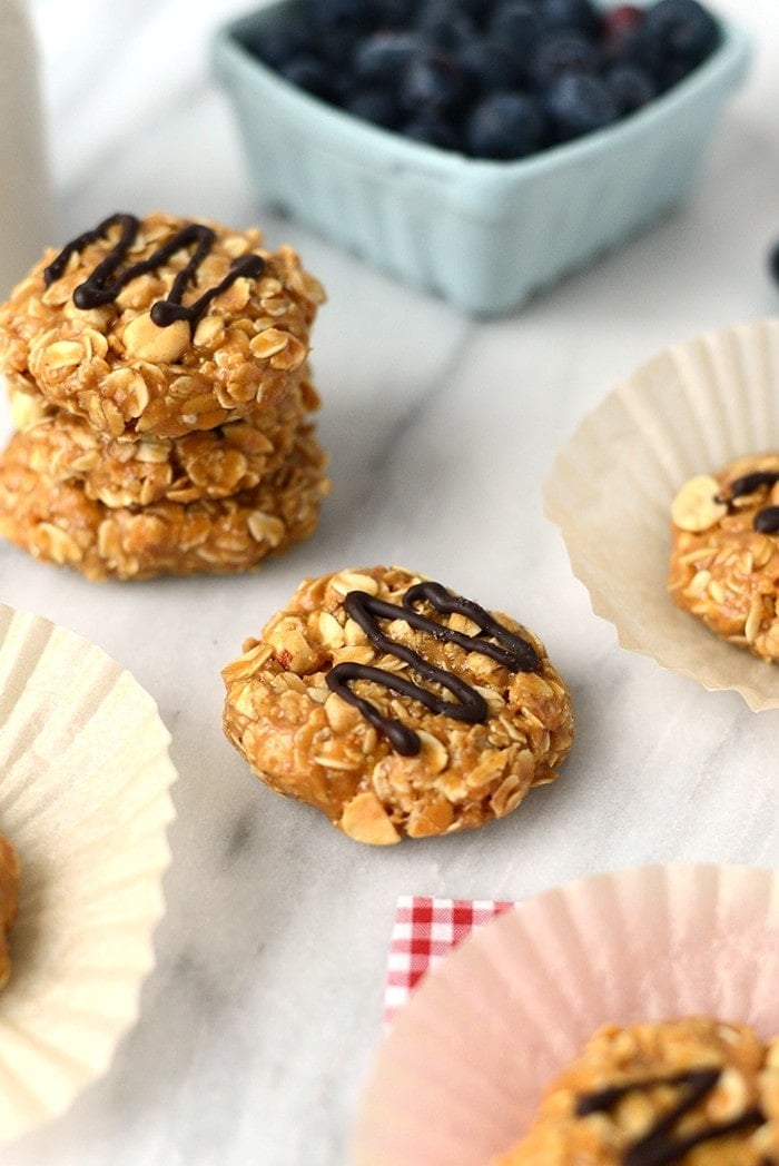 These Healthy No-Bake Peanut Butter Cookies are made with 100% whole grains, peanut butter, crunchy peanuts, and no refined sugars for a healthier homemade variation! 