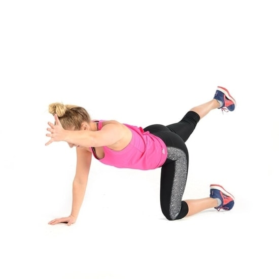 A woman performing a Plank workout on a white background.