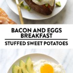 Bacon and eggs served with stuffed sweet potatoes.