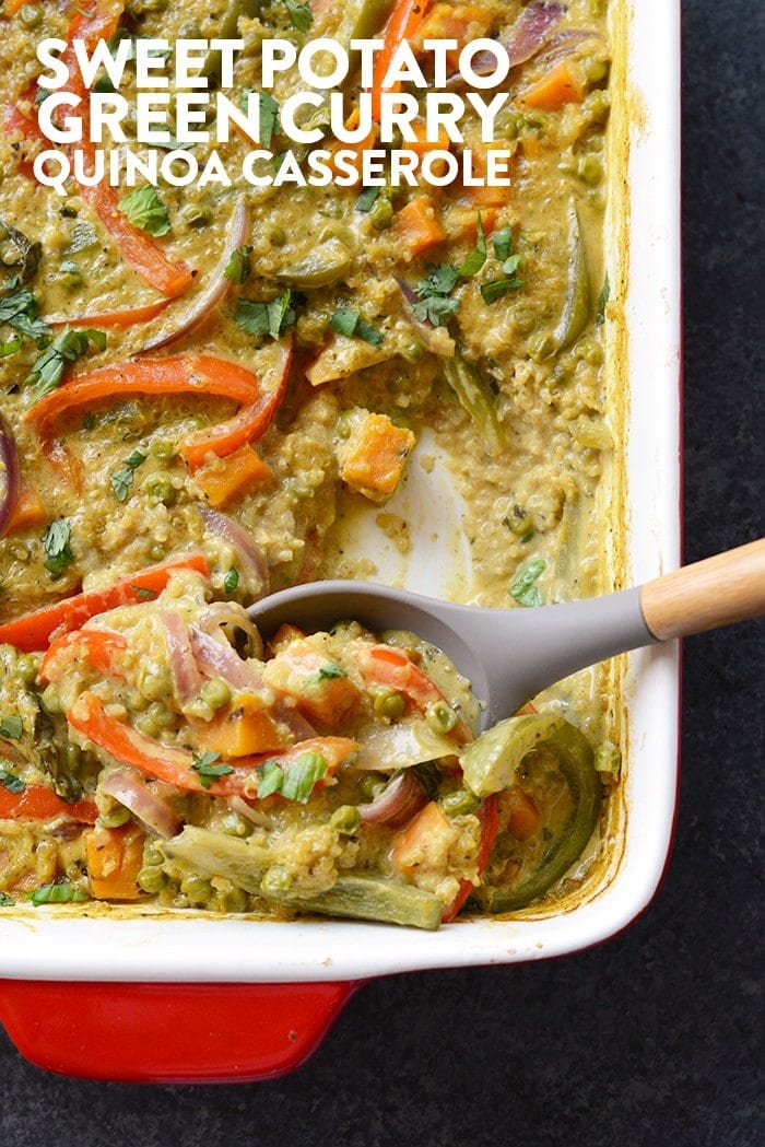 Curry just got even easier and more delicious than ever! In less than an hour you can have this delicious Sweet Potato Green Curry Quinoa Casserole ready for the entire fam.
