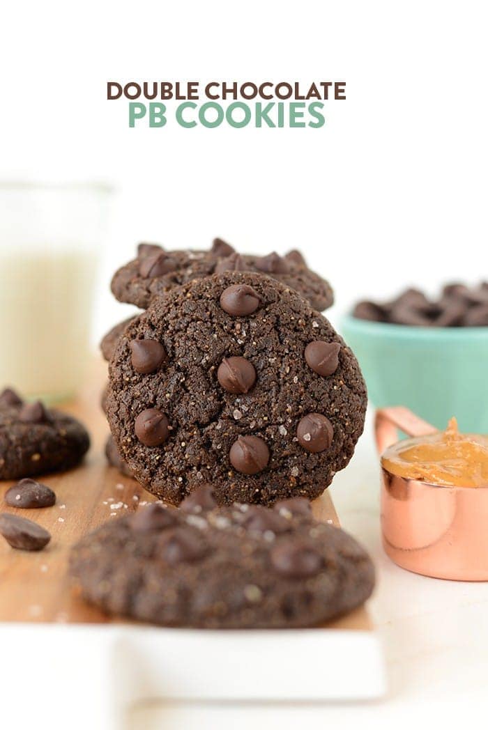 These double chocolate flourless peanut butter cookies are made sans flour, gluten, refined sugar, and butter! They're ooey gooey and taste like a cross between a peanut butter cookie and a brownie!