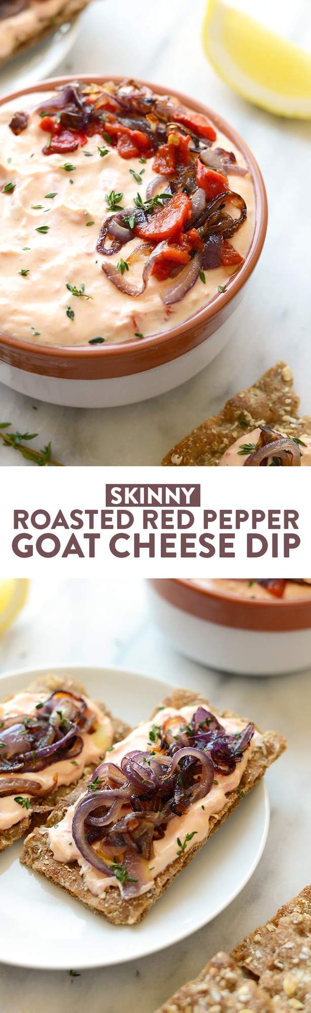 With Sunday football back in action, this Skinny Roasted Red Pepper and Goat Cheese Dip makes for the most perfect appetizer. It's made with a non-fat Greek yogurt base, pureed roasted red peppers, and goat cheese! 