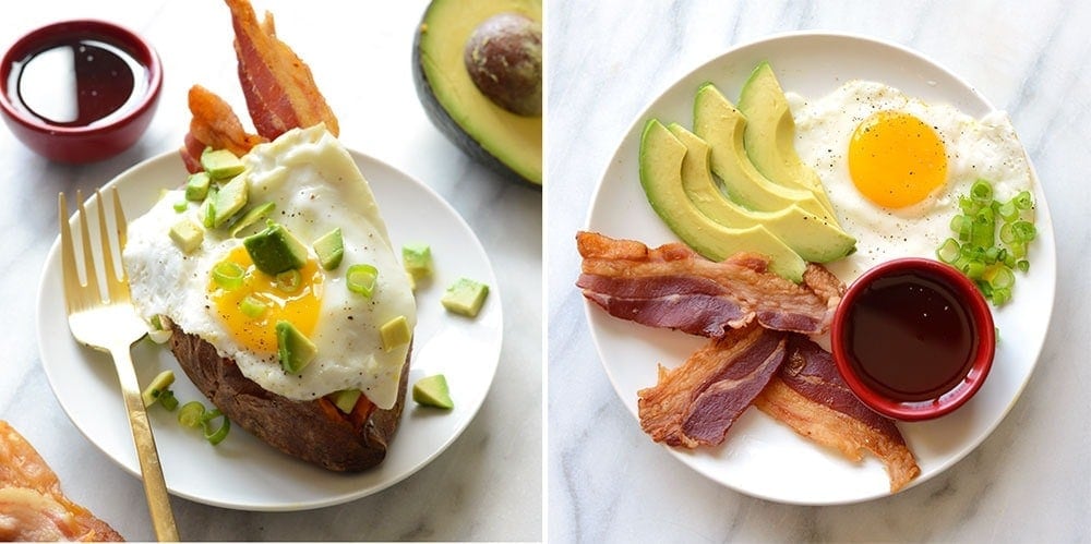 breakfast stuffed sweet potato on a plate