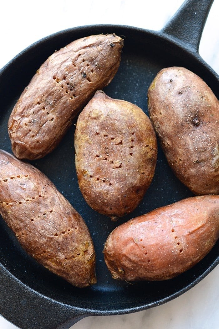 sweet potatoes in a cast iron skillet