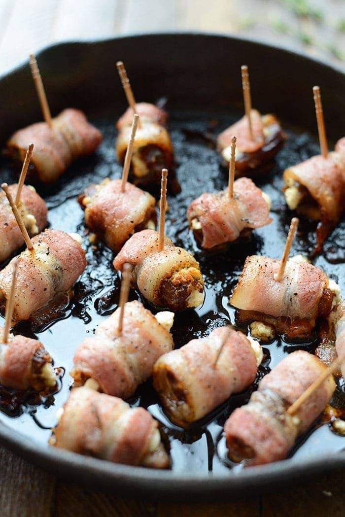 Bacon wrapped dates in a castiron