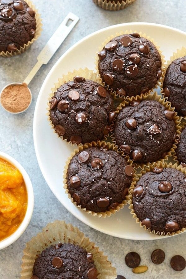 Delicious chocolate pumpkin muffins displayed on a pristine white plate.