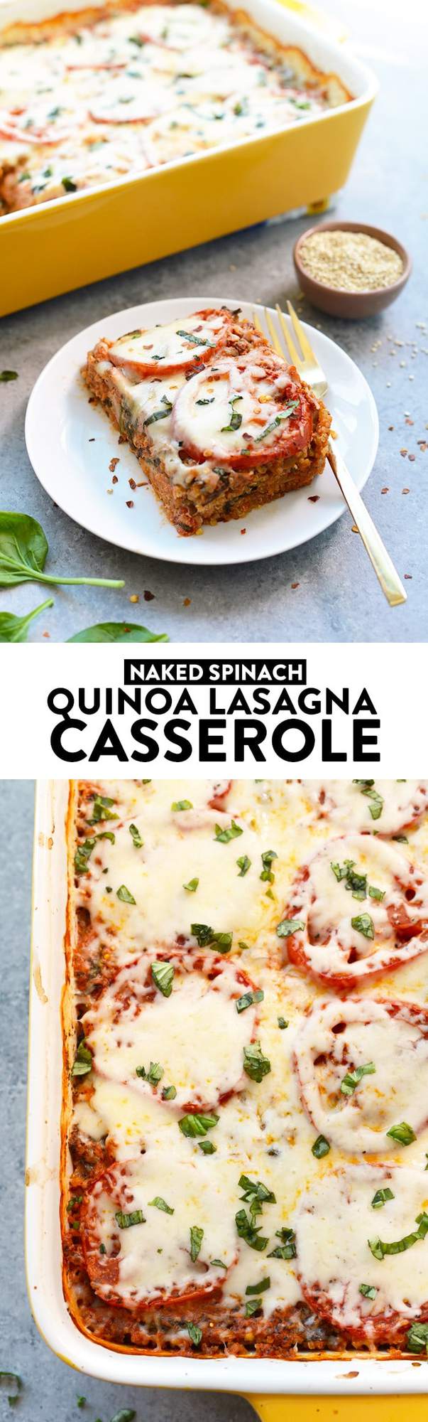 Try this lightened spinach quinoa lasagna casserole for a no-hassle, protein-packed dinner that's sans gluten and filled with so much flavor! 