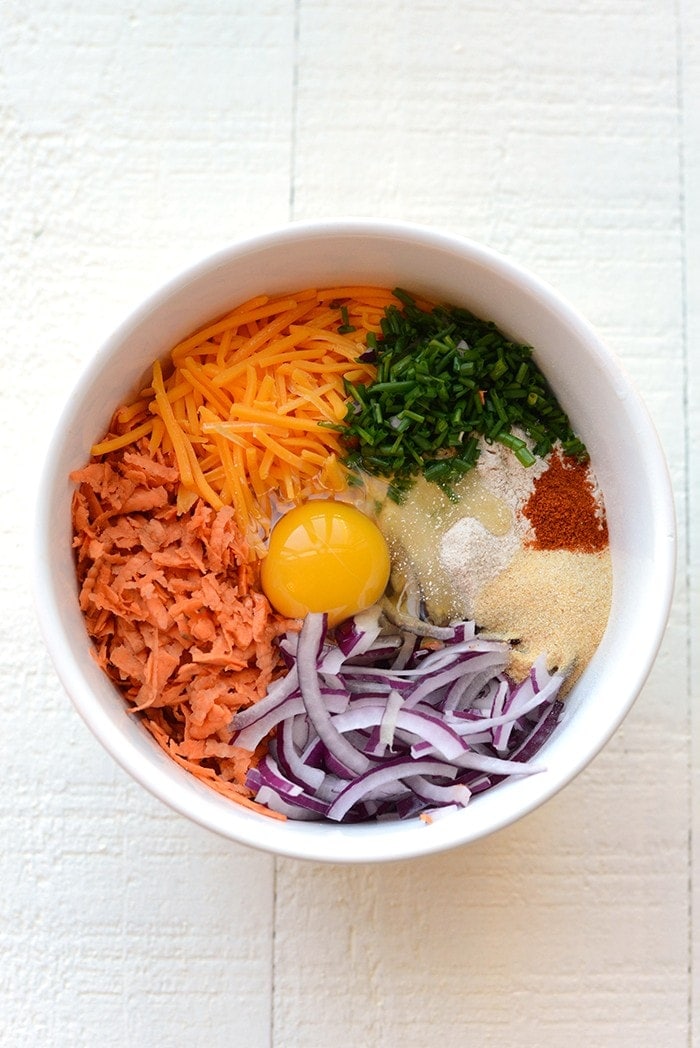 sweet potato hash browns fritters ingredients in a bowl