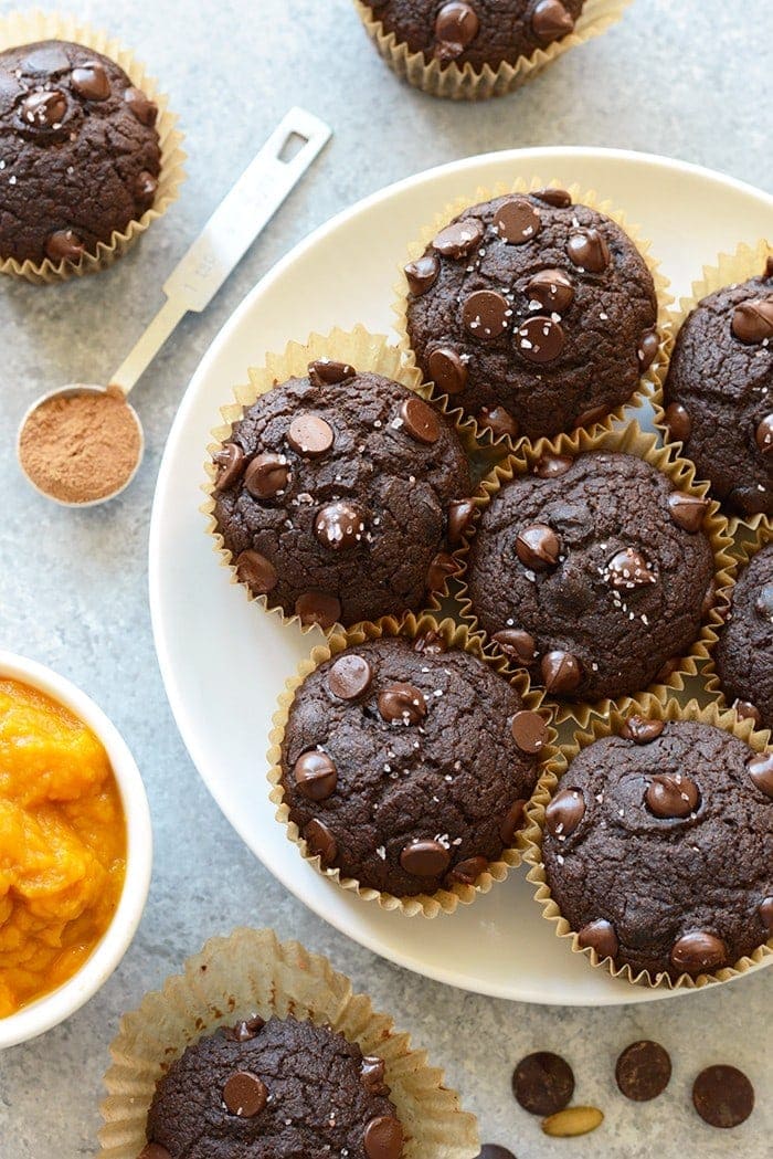 Chocolate pumpkin muffins on a plate